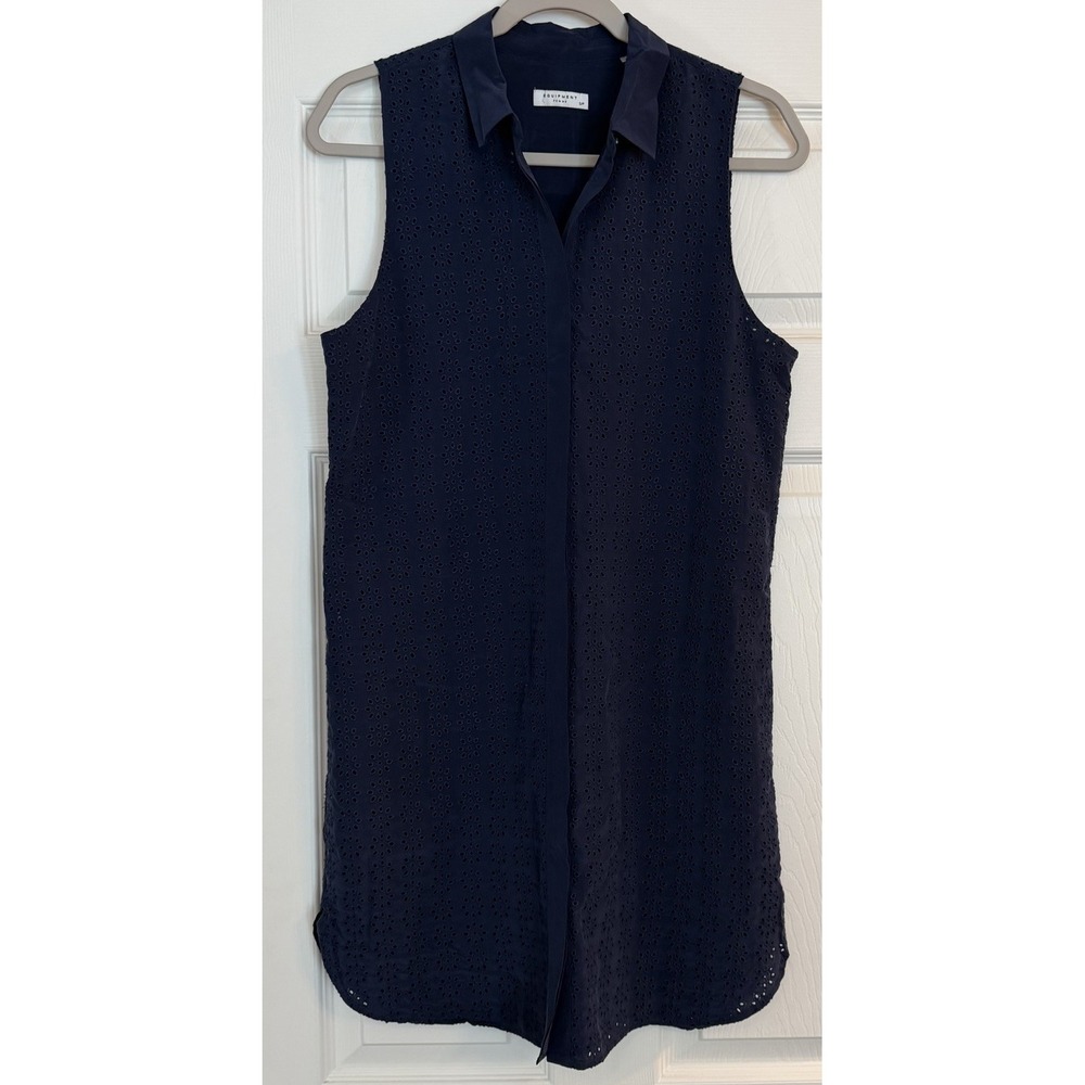 Equipment Femme 100% Silk Shirtdress S Navy Blue Eyelet Lace Lined‎ Office Work